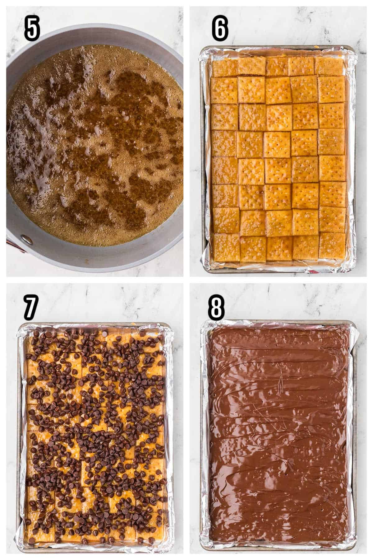 An image collage of steps five through eight to the Chocolate toffee bark recipe.