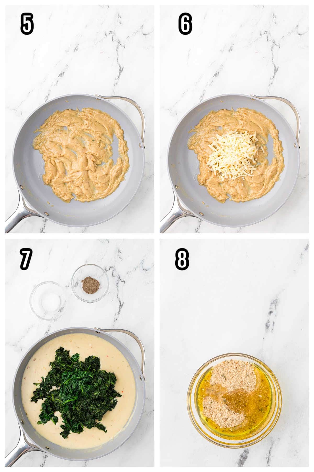 A second collage features steps five through eight for the creamy Spinach casserole recipe. 