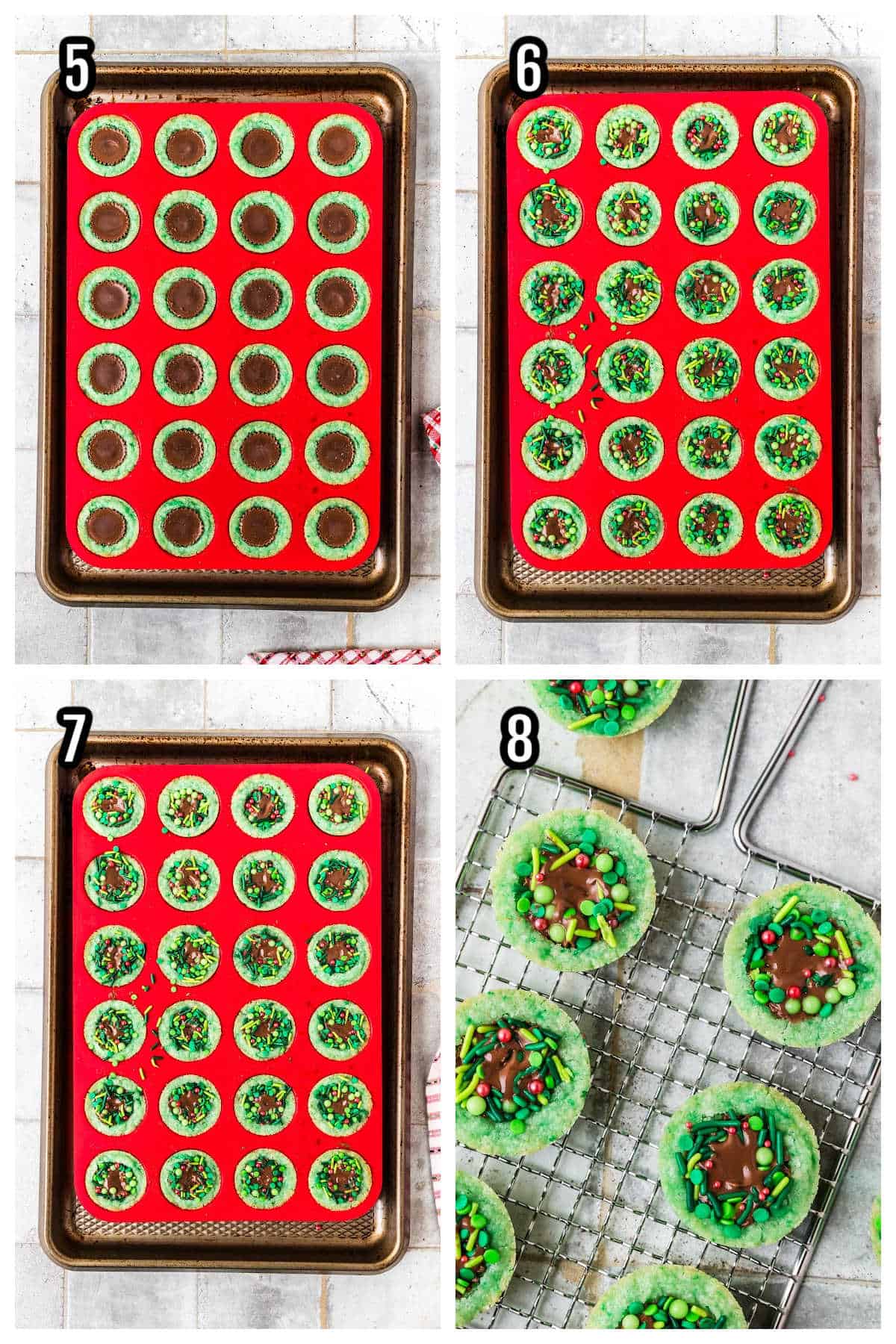 The second collage features steps five through eight for the Sugar Cookie Reese's Cups Wreath recipe. 