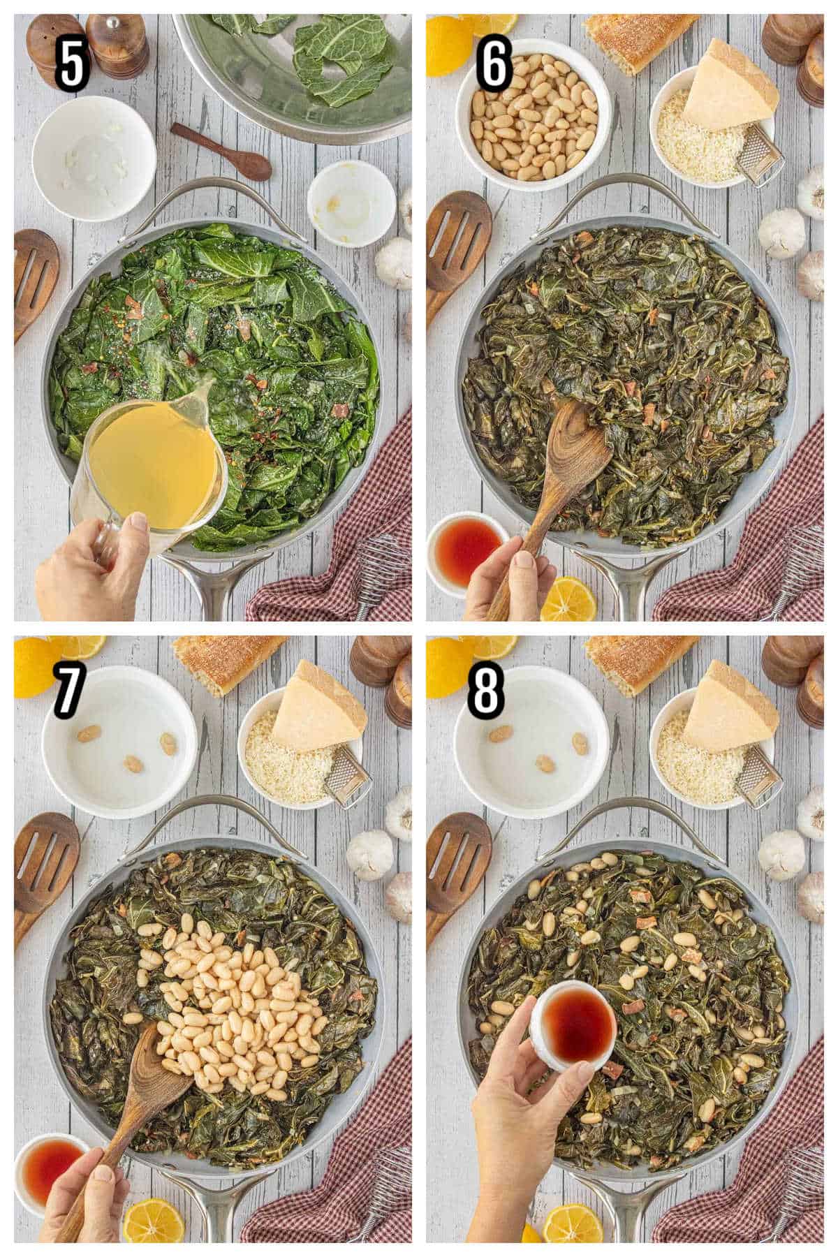 The second collage shows steps five through eight for the cannellini and collard green recipe.
