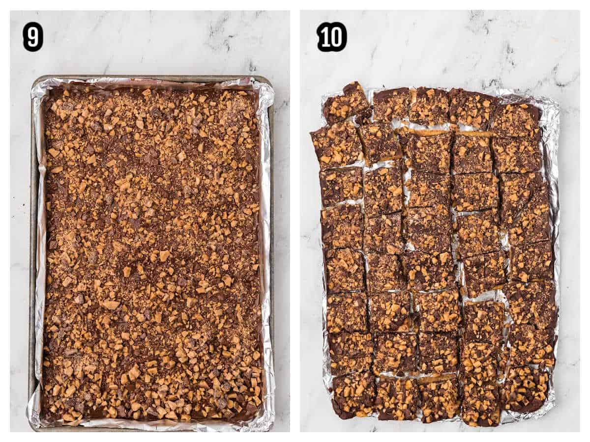 An image of the final two steps to the Homemade Chocolate Toffee recipe made with saltine crackers.