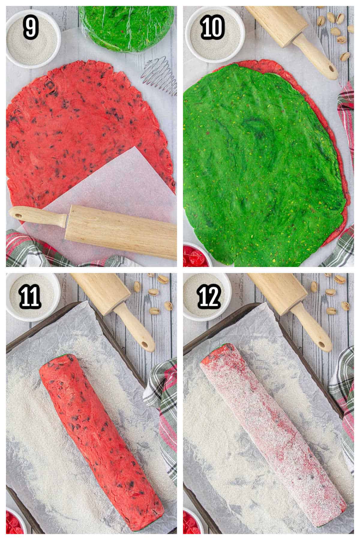 The third collage for the red and green Christmas pinwheel recipe features steps nine through twelve.