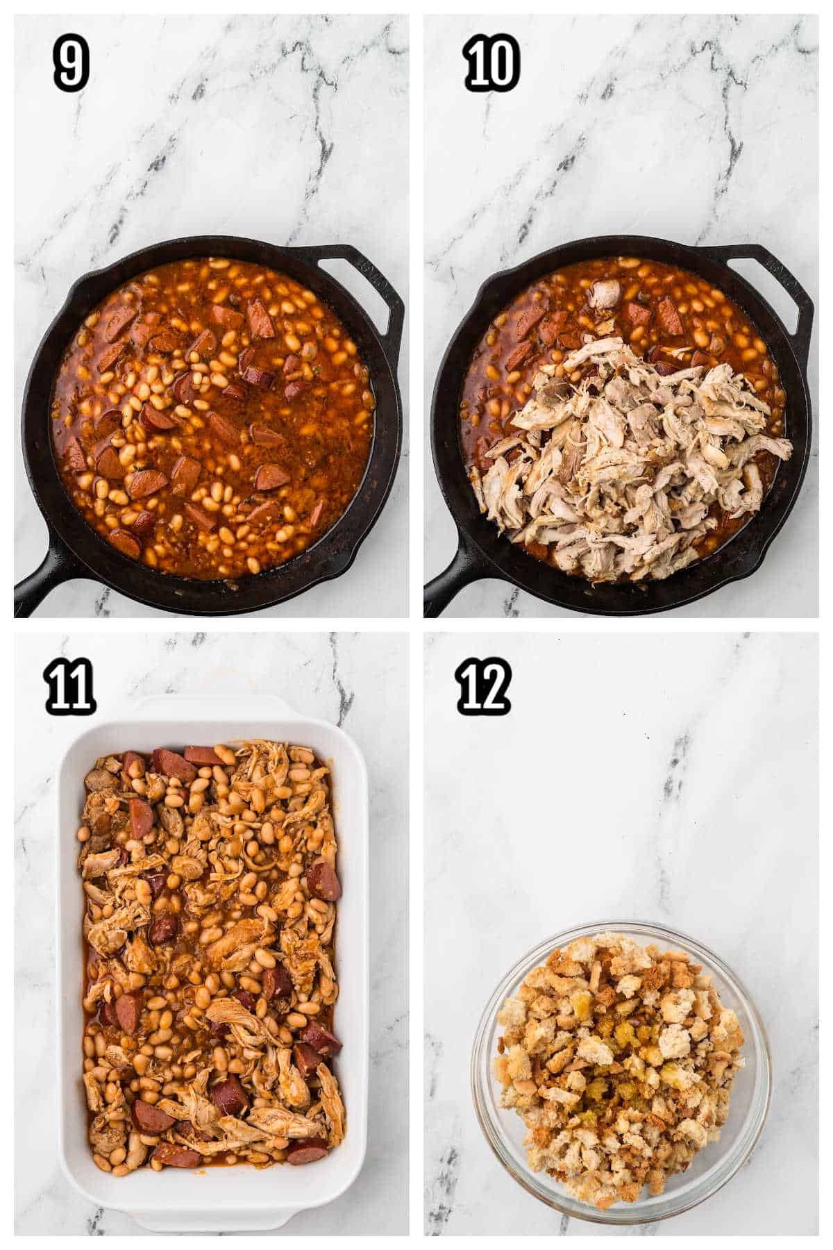 A collage featuring steps nine through twelve for the quick and hearty French Chicken stew recipe. 