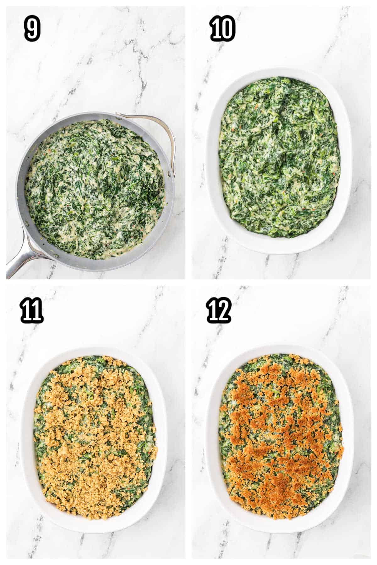 This third collage features steps nine through twelve for completing the Spinach holiday casserole recipe. 