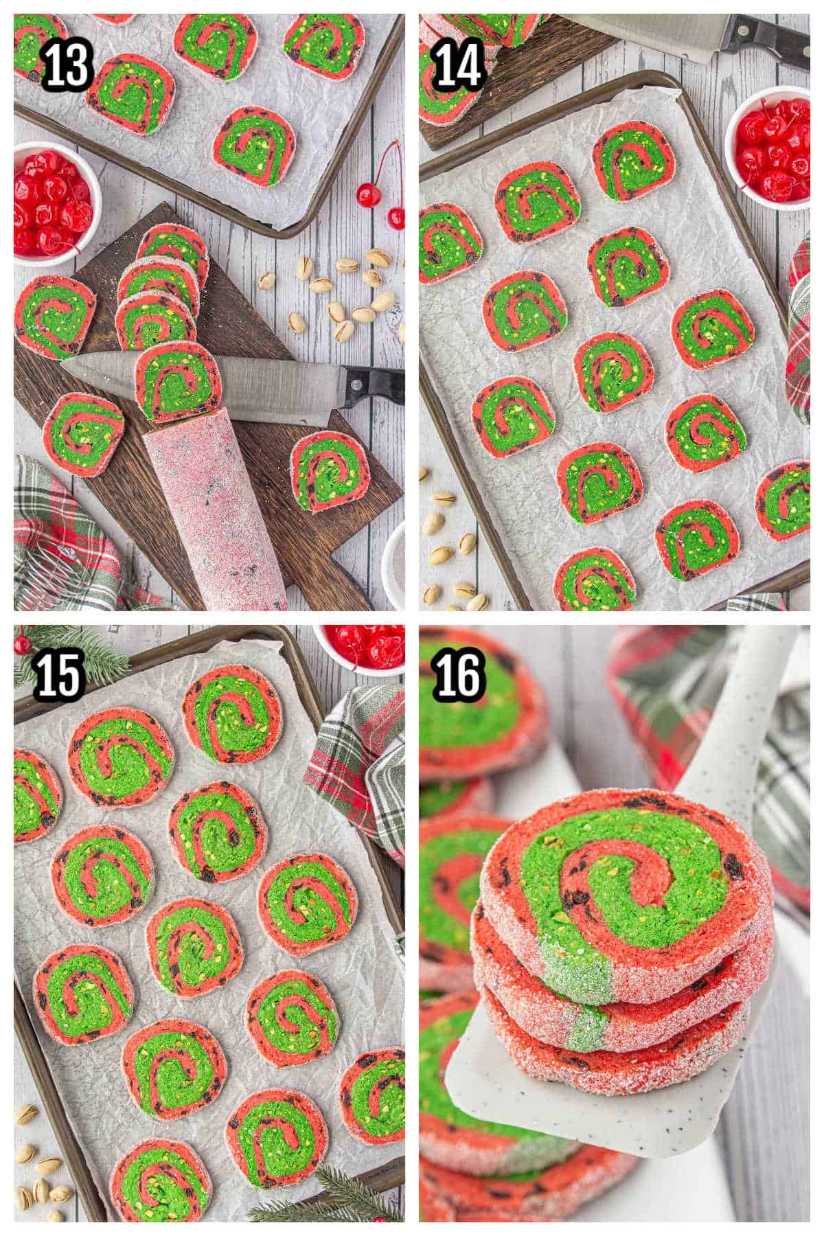 A photo collage features the final steps to making the Cherry and Pistachio Christmas Pinwheels recipe.