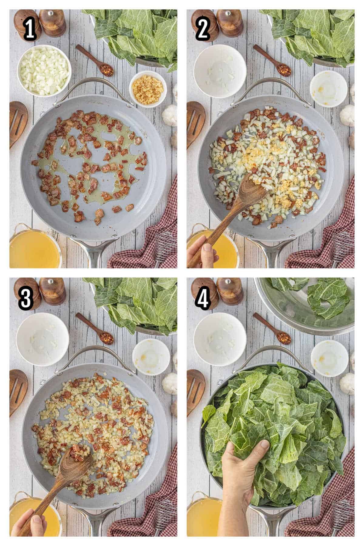 A collage featuring the first four steps to making the braised southern collard greens recipe with bacon or pancetta.
