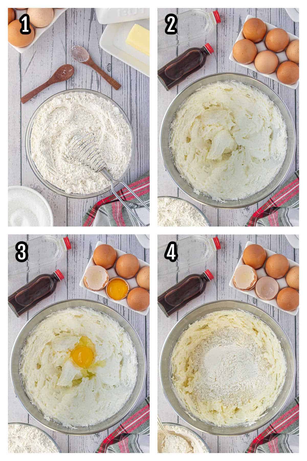 Image of the first four steps of the Cherry Pistachio Christmas Pinwheel Cookies recipe.