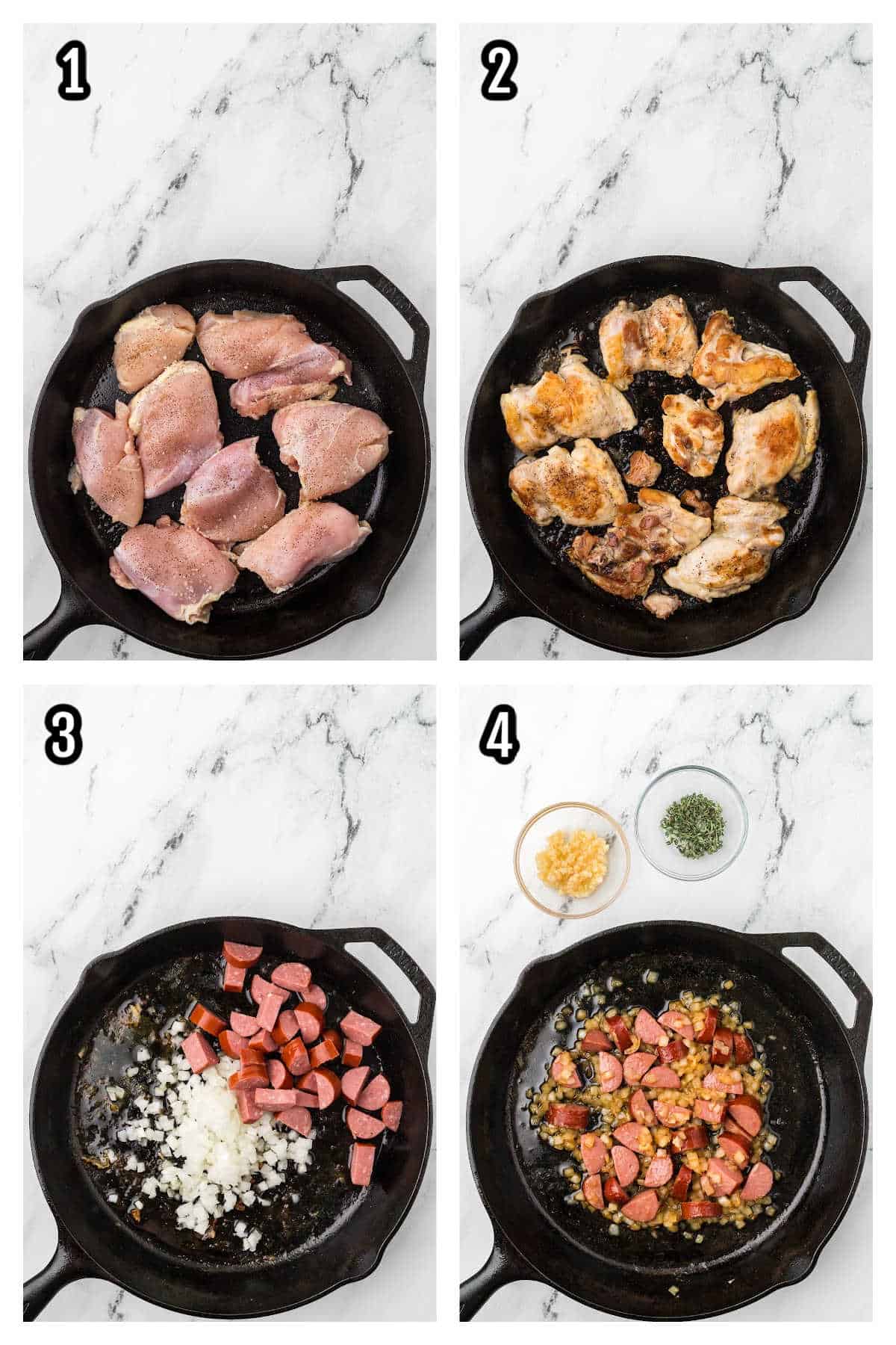 A collage featuring the first four steps to making the rustic French-inspired chicken and bean stew. 
