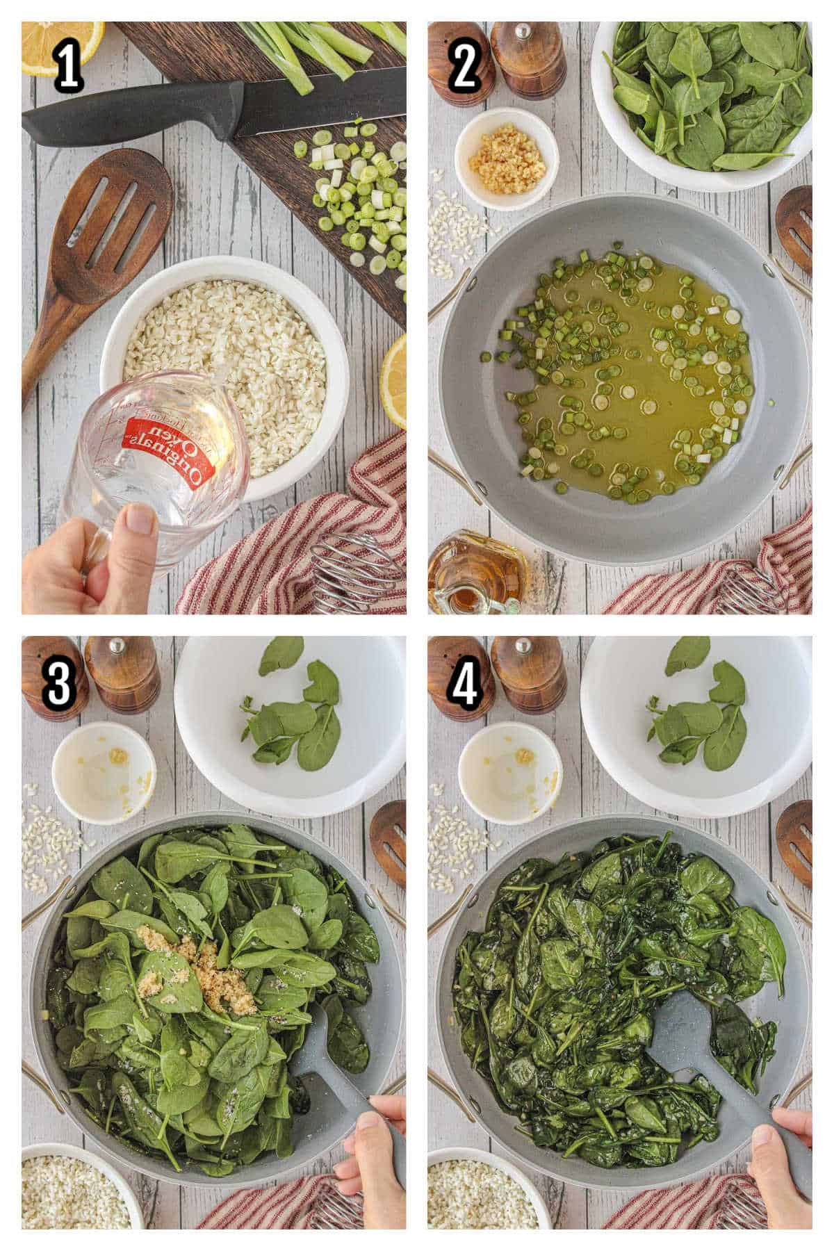 Collage featuring the first four steps to making the Greek Rice recipe. 