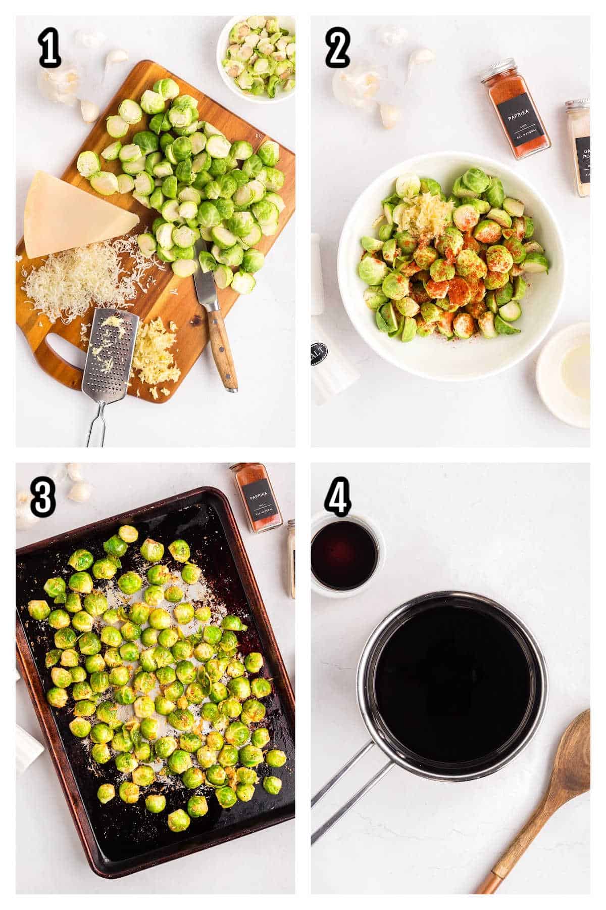 A collage featuring the first four steps to making the oven-baked Brussels Sprouts. 