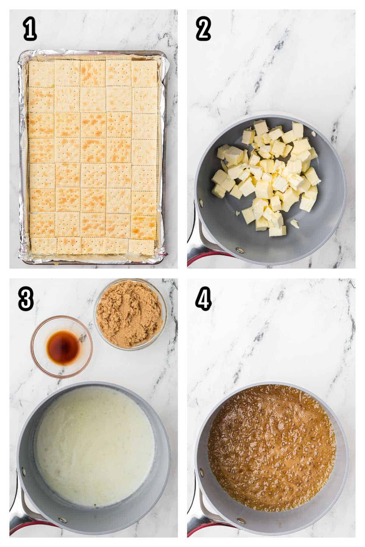 An image of the first four steps to the homemade saltine toffee recipe.