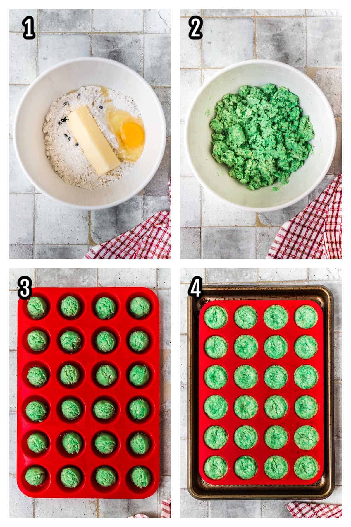A collage featuring the first four steps to making the Christmas Sugar Cookie Wreaths recipe. 