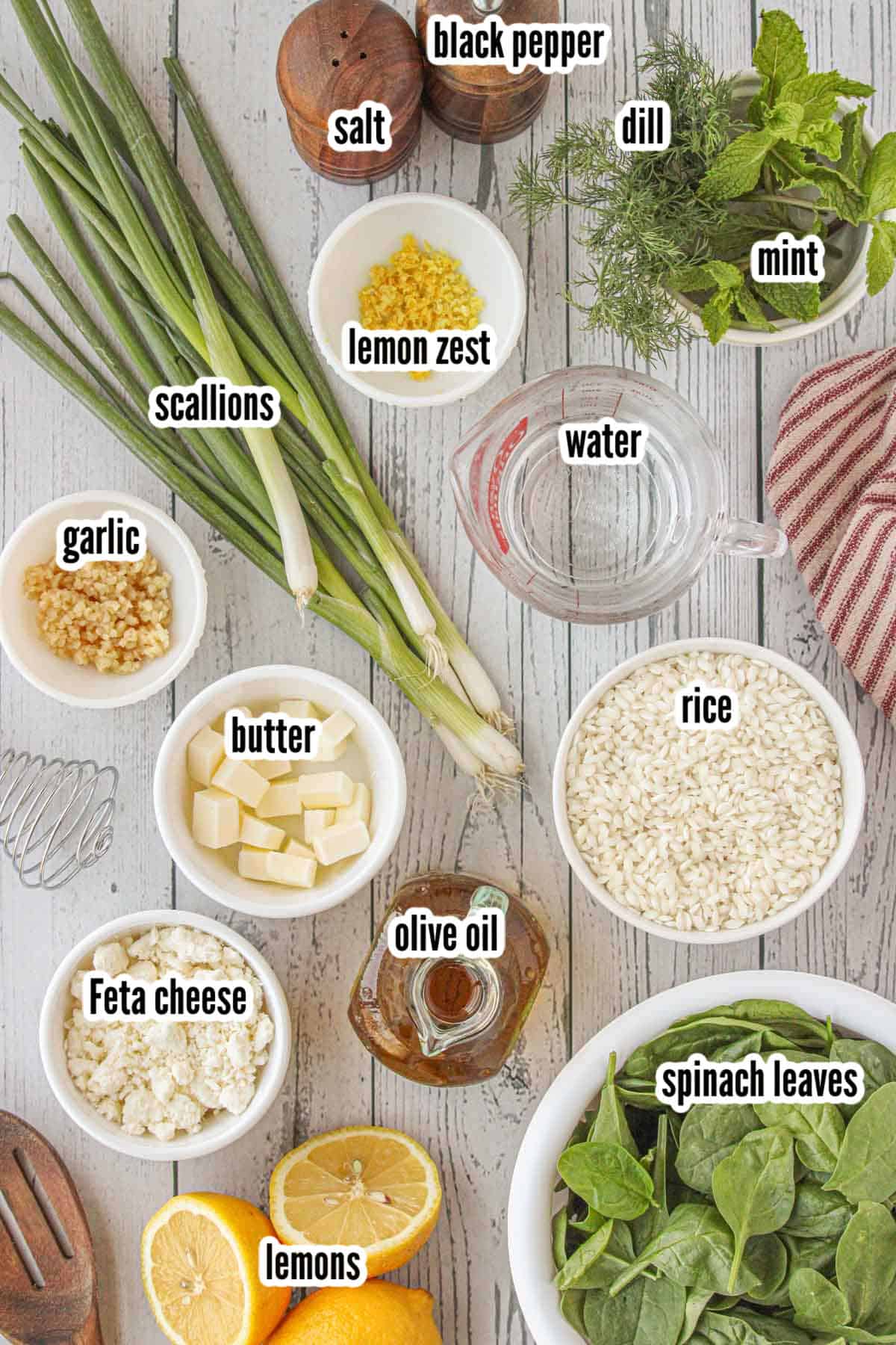 Image of the ingredients needed to make the Spanakorizo recipe. 