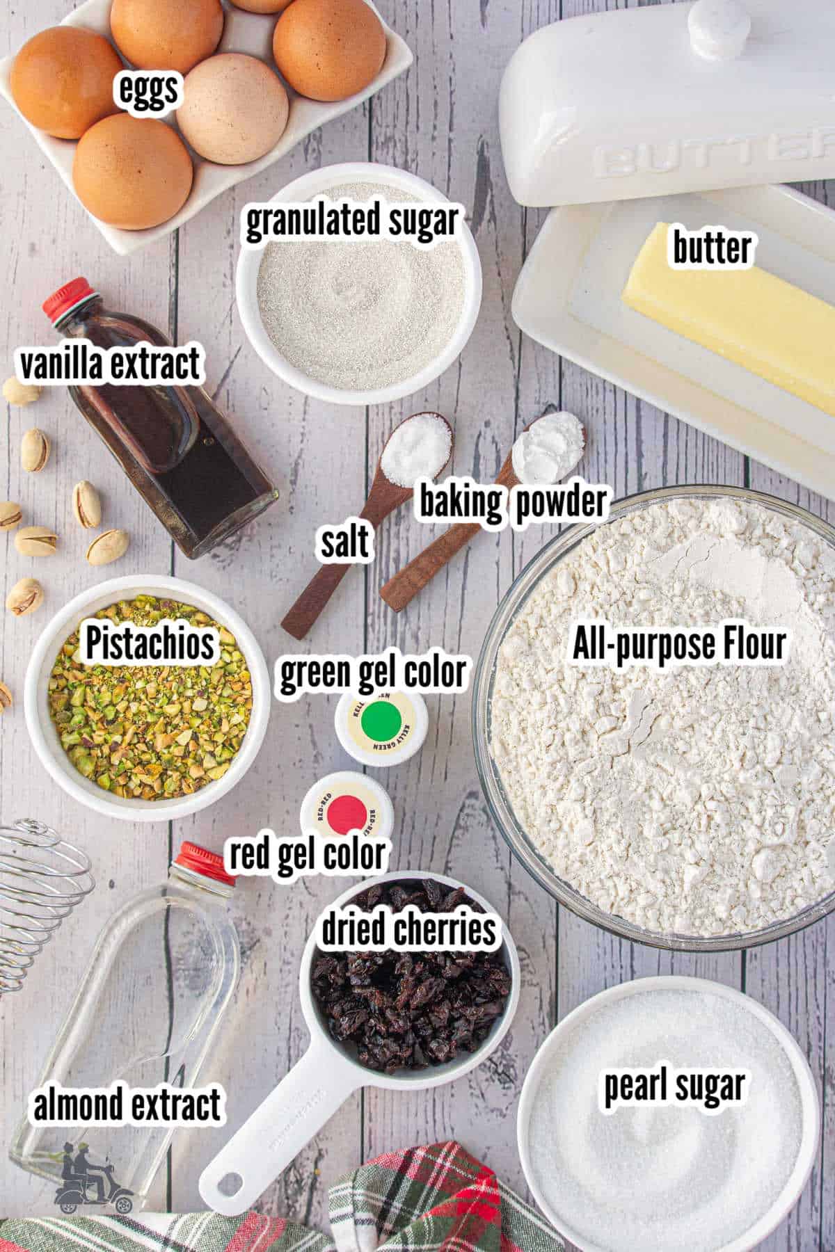 An image of the ingredients needed to make the Cherry Pistachio pinwheel Christmas cookies.