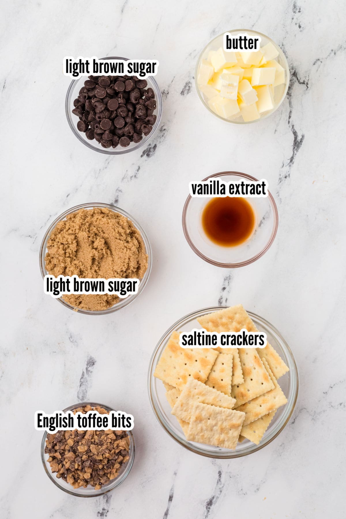Image of the ingredients needed to make the easy holiday toffee bark made with saltine crackers.