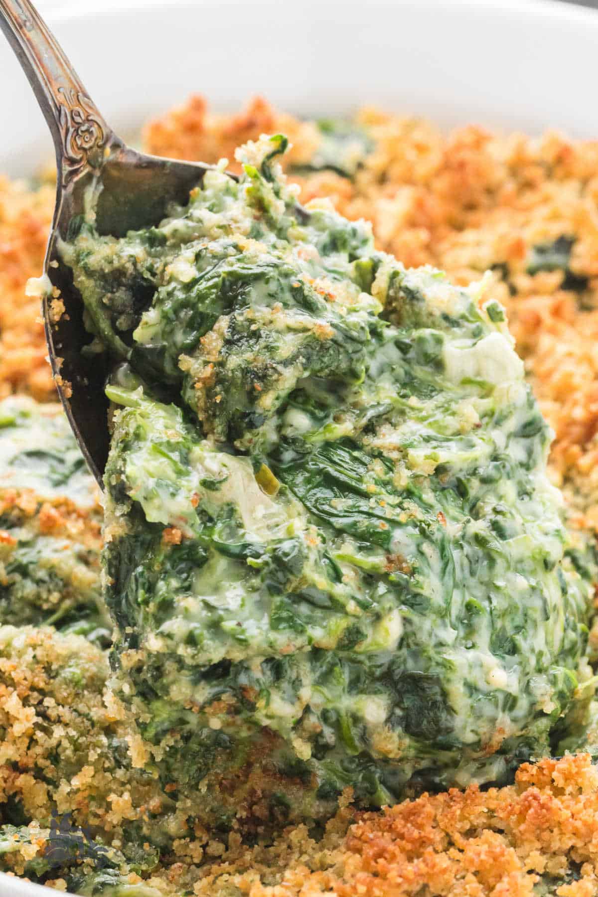 A serving spoon shows a very creamy, cheesy scoop of Spinach Madeline. 