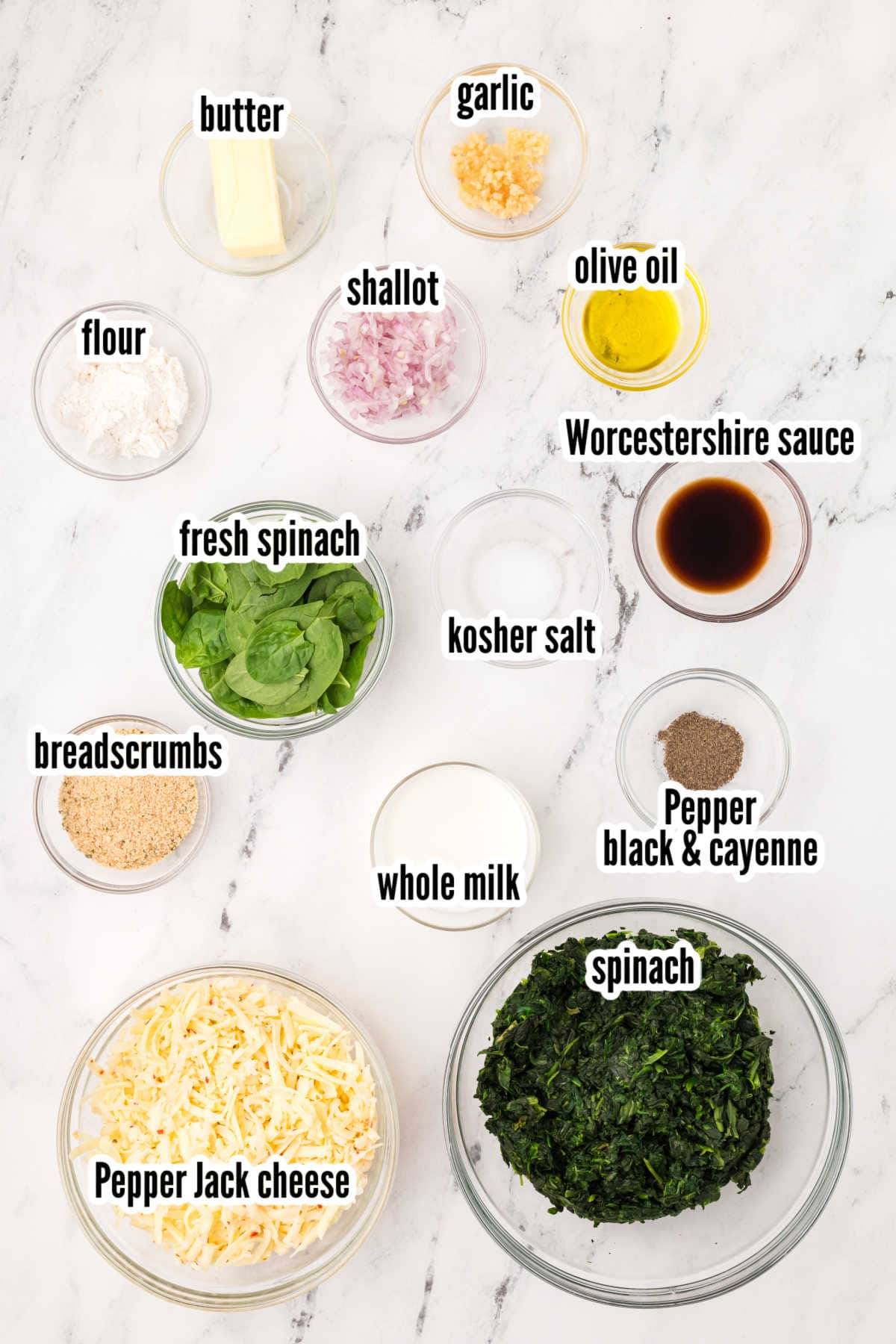 The ingredients needed to make the spicy Spinach Madeline vegetable side dish. 