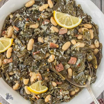 The Tuscan Collard Greens with Pancetta and Cannellini Beans recipe is shown in a white bowl with a serving spoon.
