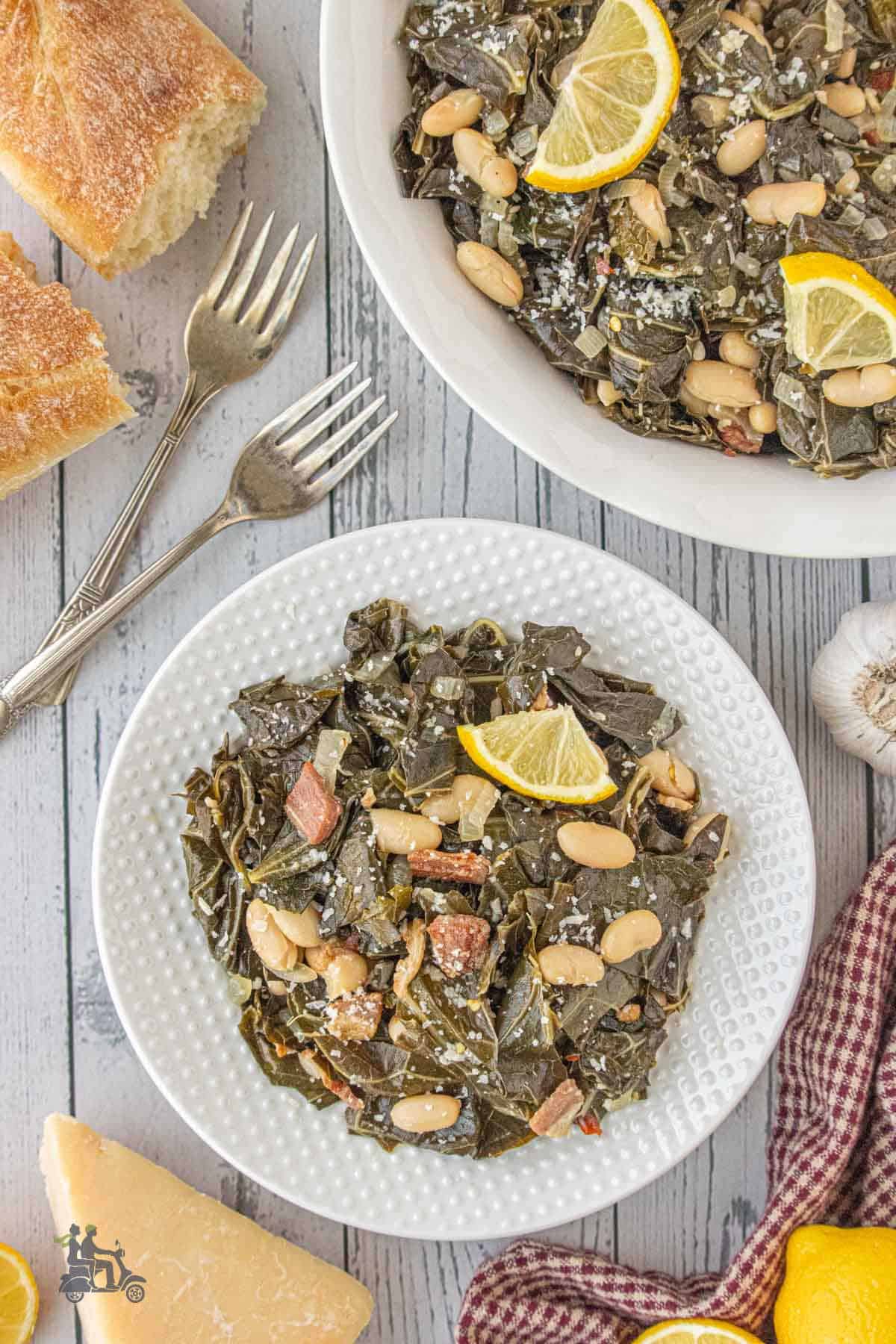 Overhead view of the collard greens with bacon recipe on a plate.