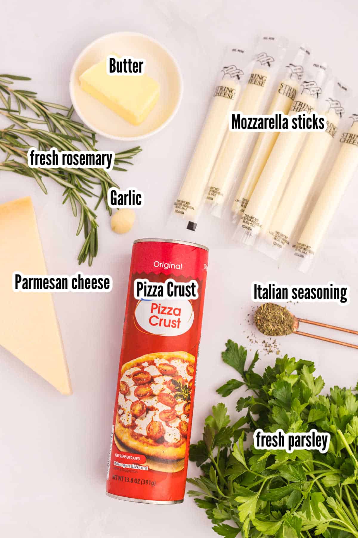 Image of the ingredients needed to make the Christmas tree pull-apart bread.