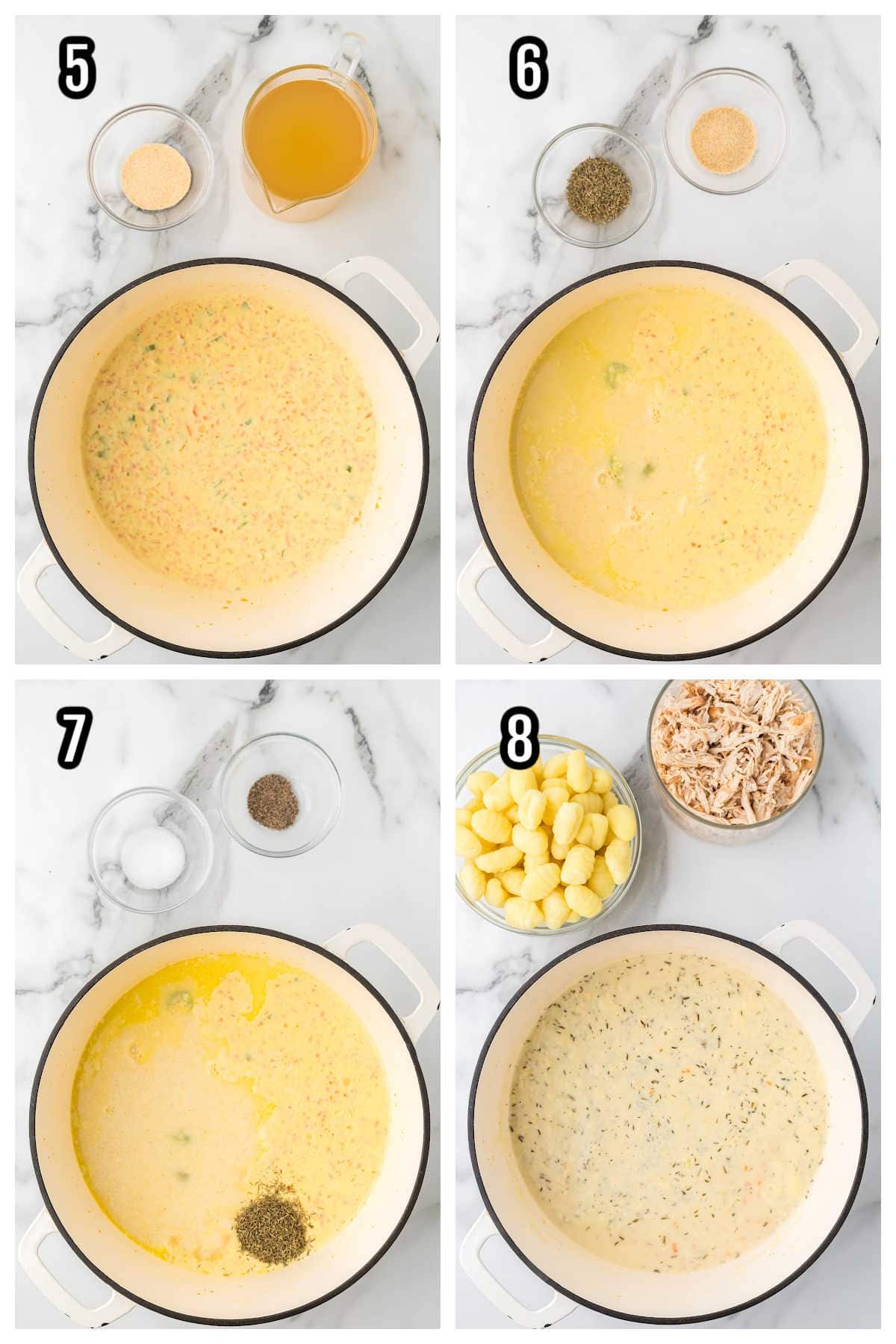 A second collage features steps five through eight showing how to assemble the chicken gnocchi soup.