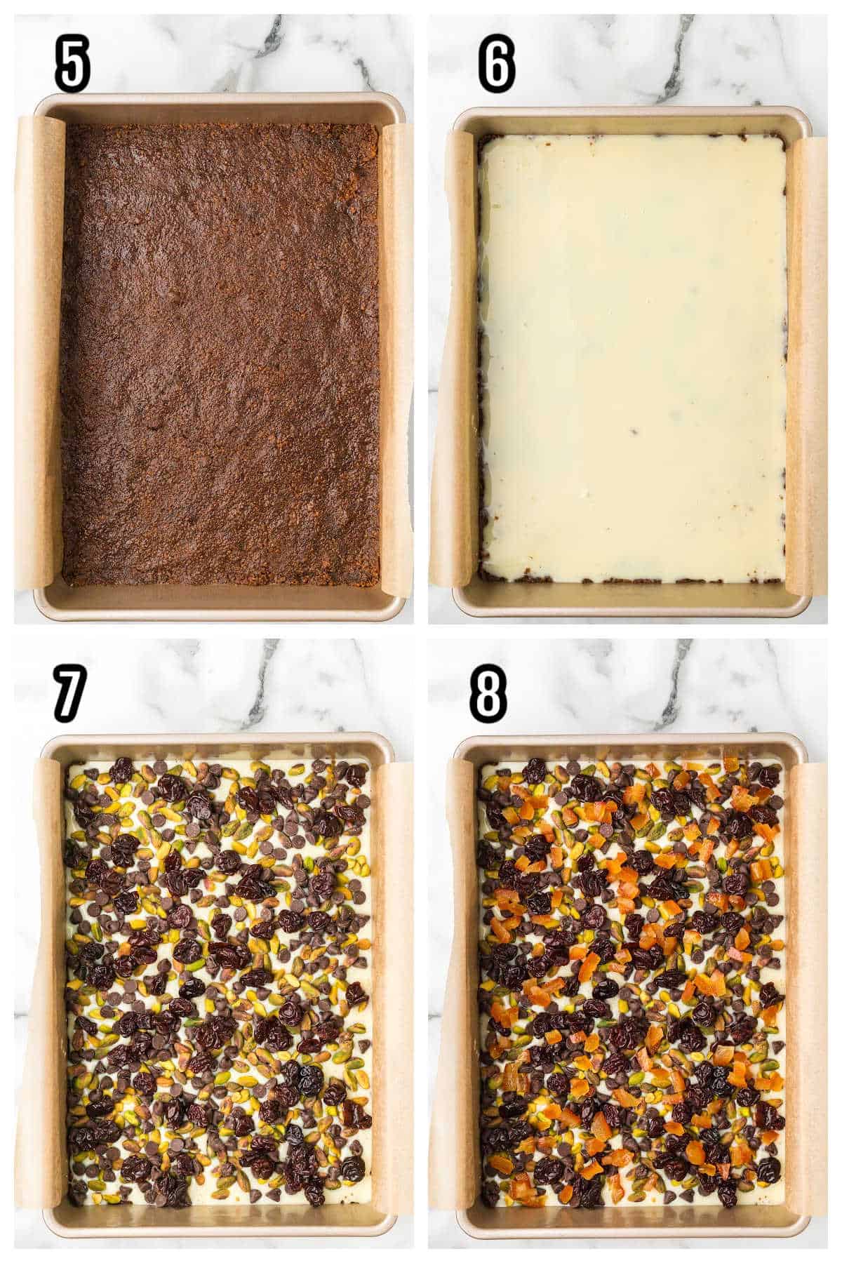 A collage featuring steps five through eight of the layered holiday dessert bars. 