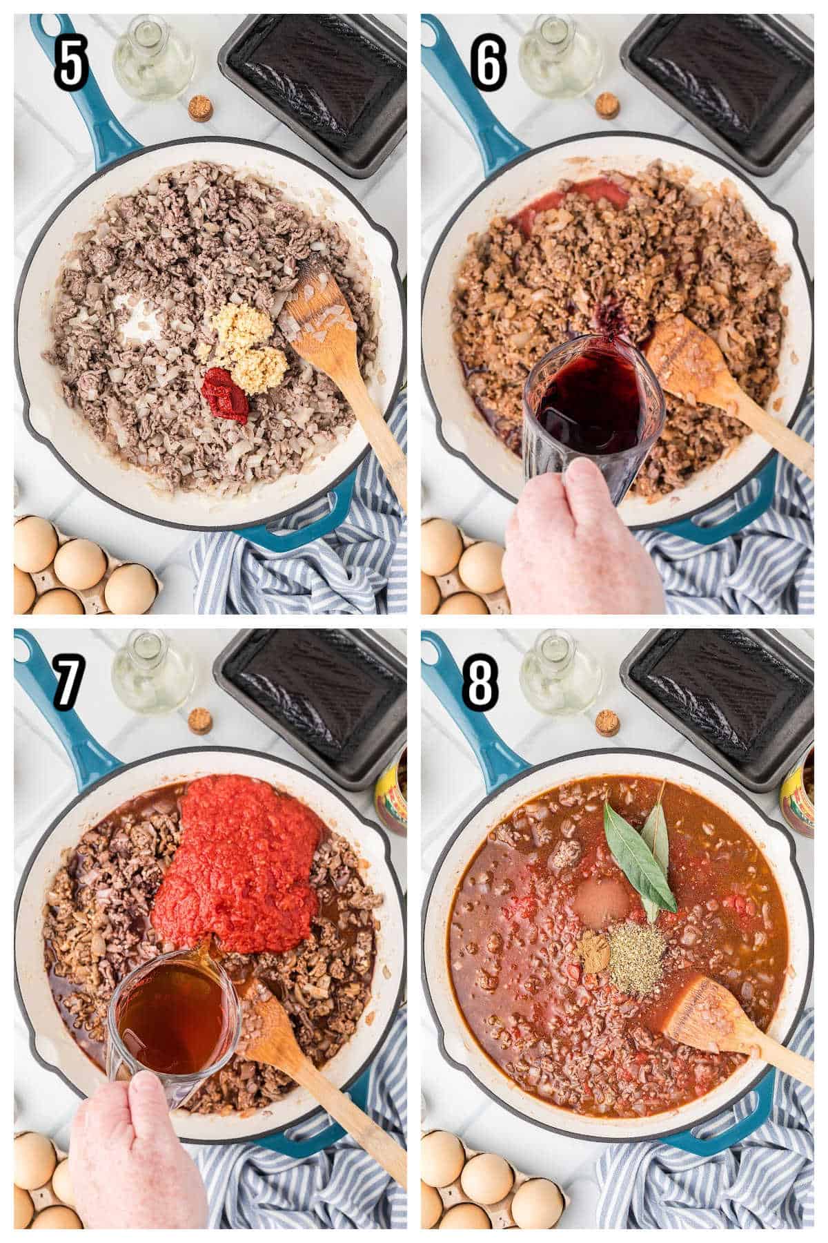 This collage features steps five through eight showing how to make a moussaka.