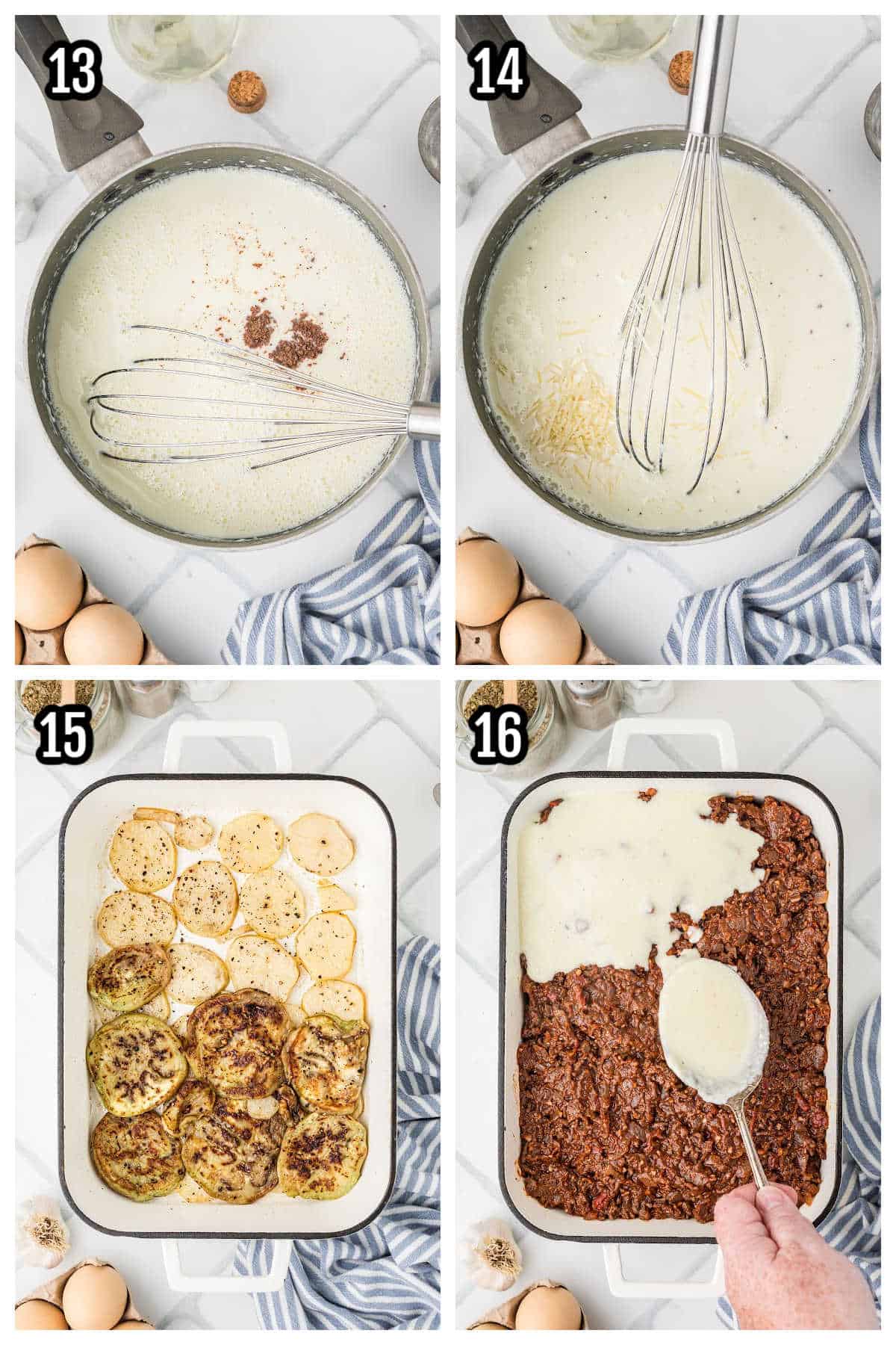 The fourth set of instructions for the Moussaka recipe shows steps thirteen to sixteen. 