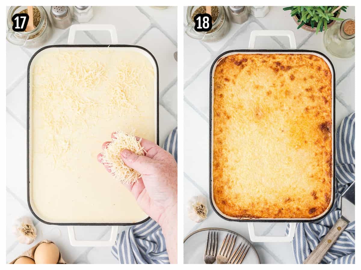 The final and fifth collage shows steps seventeen and eighteen for the Moussaka recipe. 