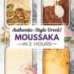 A four-photo collage showing the steps to putting together the Beef Moussaka in a casserole dish.