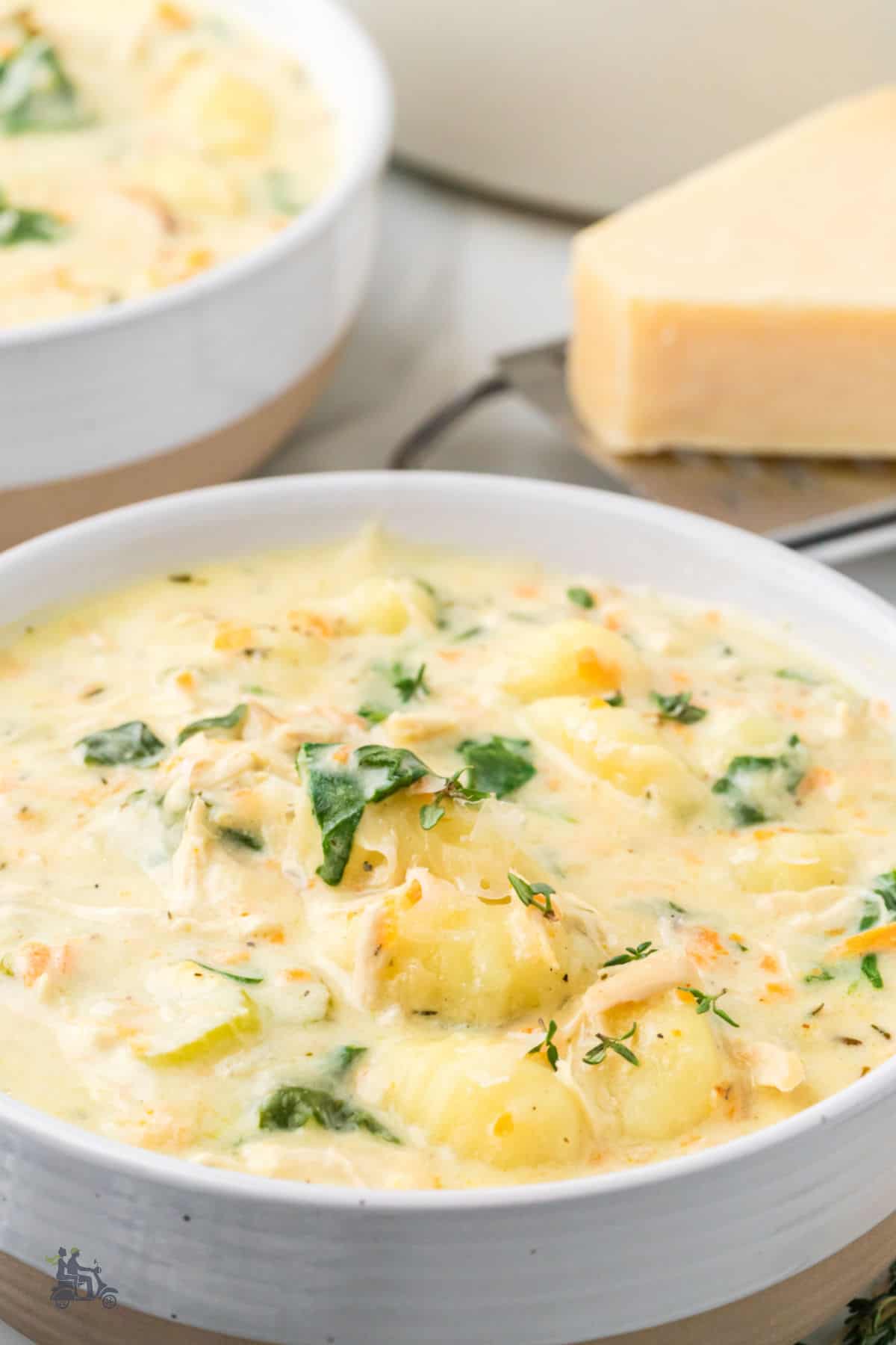 A side view of the easy weeknight chicken gnocchi soup.