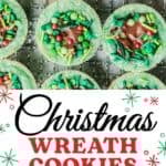 A festive Pinterest share pin featuring Reese's Sugar Cup wreaths on a wire rack.