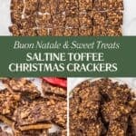 A three-photo collage for Pinterest featuring a holiday bark recipe. The collage includes saltines and caramel bits, with a title overlay.
