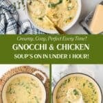 A cozy collage of creamy Copycat Chicken Gnocchi Soup — one image shows the soup simmering in the pot, another with a ladle pouring it into a bowl, and the third a creamy bowl topped with Parmesan and spinach leaves.