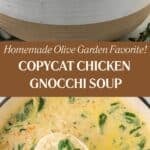 A side-by-side look at creamy Copycat Chicken Gnocchi Soup — one close-up showing pillowy gnocchi and carrots in the rich broth, the other a full bowl sprinkled with grated Parmesan.