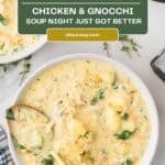 Close-up of creamy chicken gnocchi soup showing tender chicken, shredded carrots, and pillowy gnocchi in a thick, rich broth.