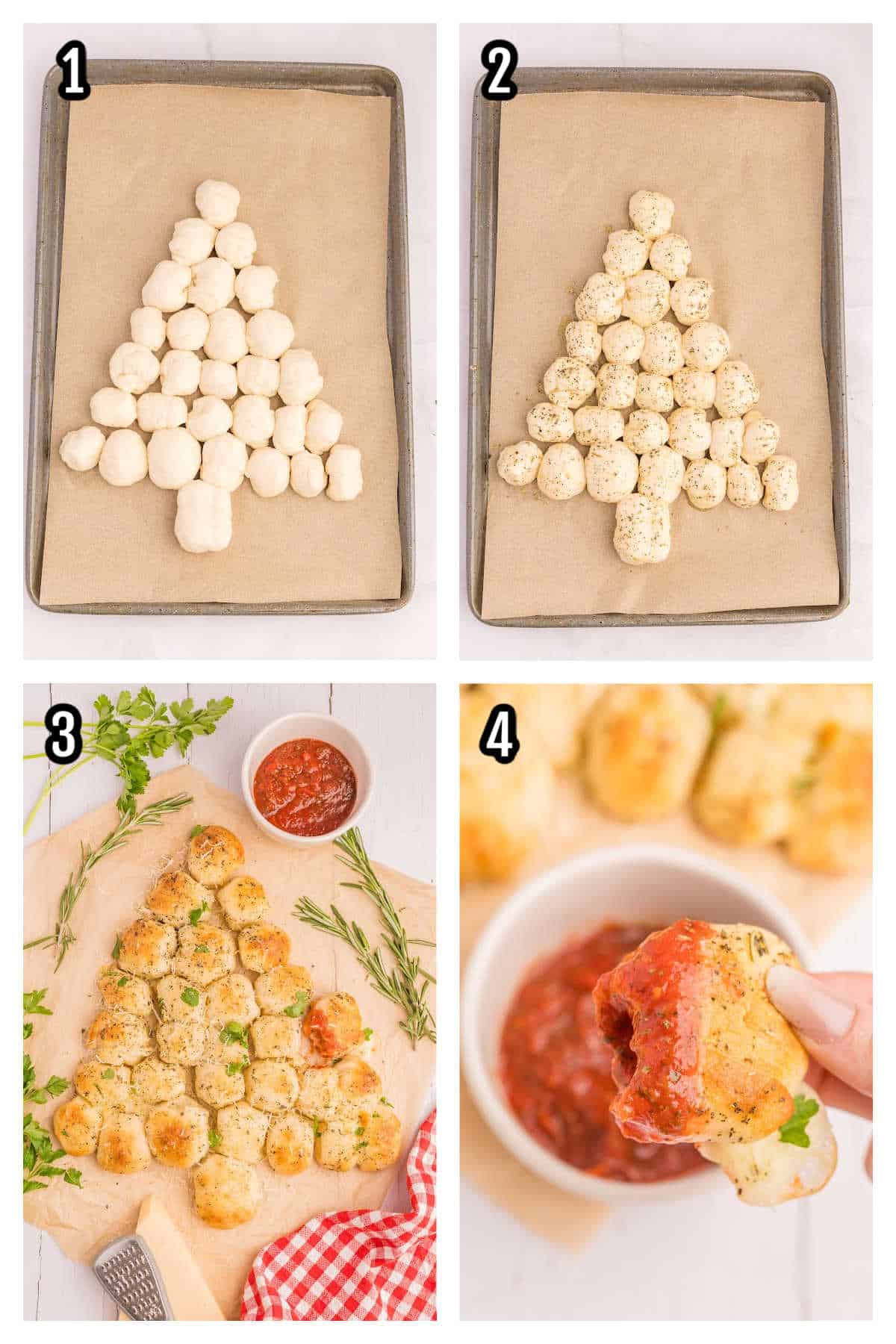 The easy instructions to making the Mozzarella stuffed pull-apart bread in the shape of a Christmas tree.