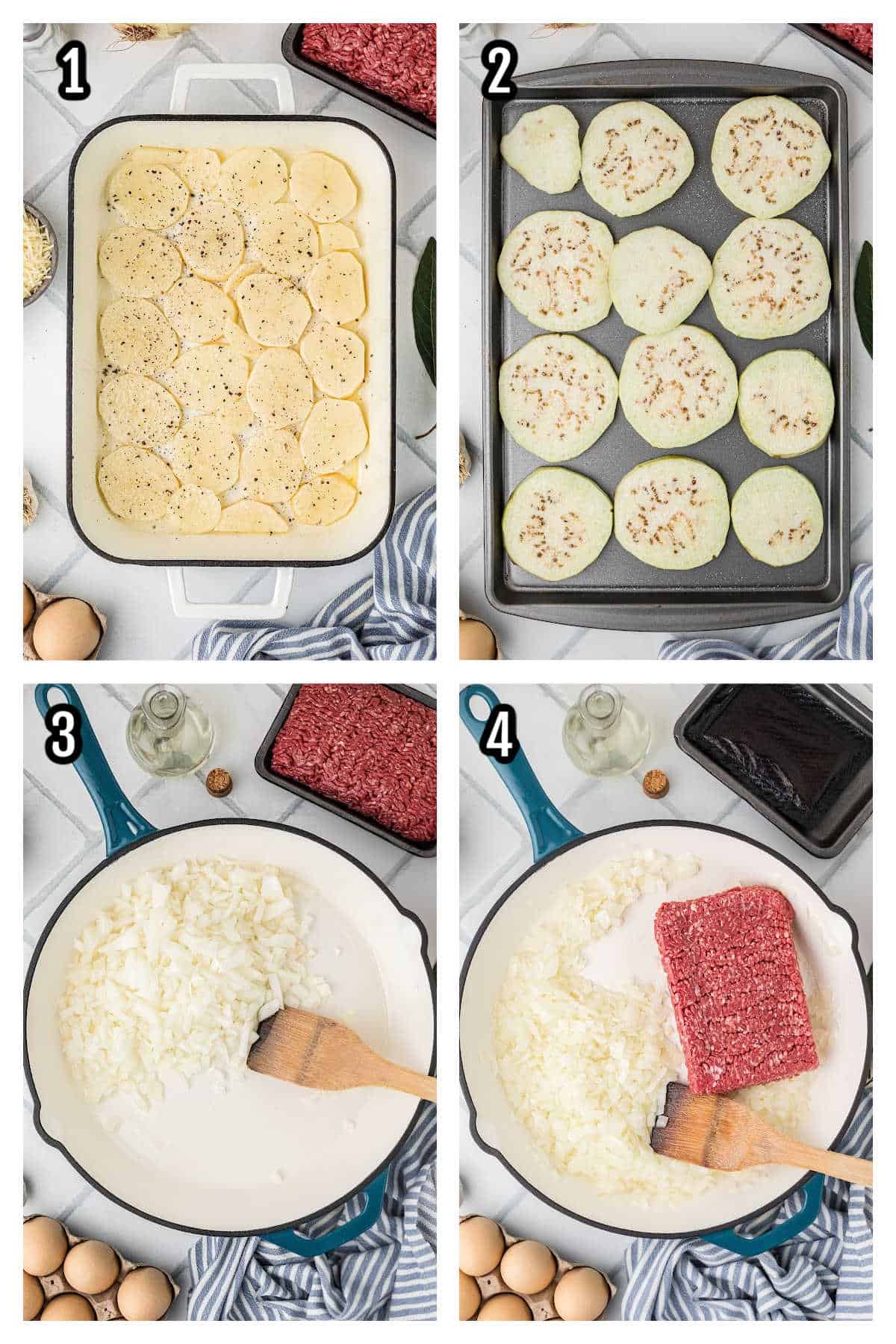 A collage featuring the first four steps to making the Mediterranean Moussaka recipe with eggplant and beef. 