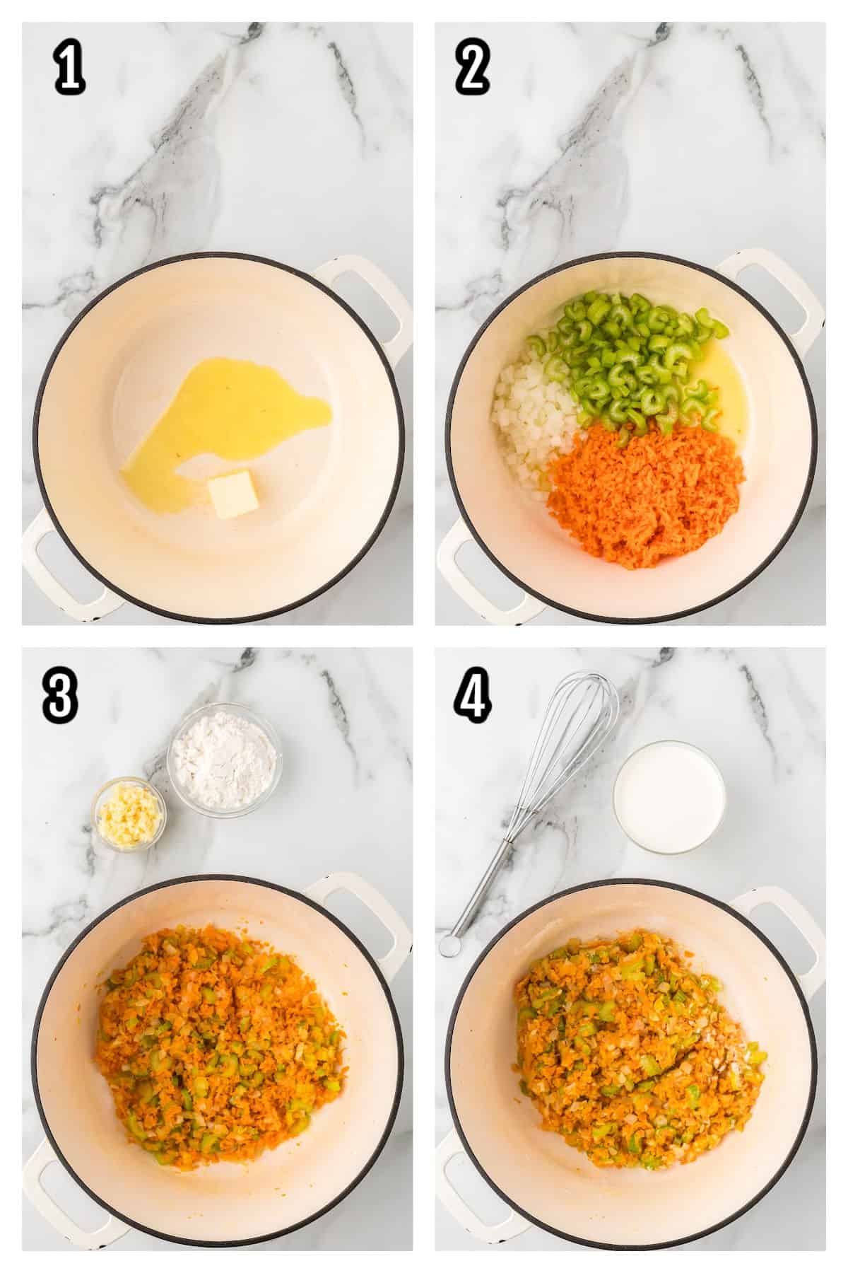 A collage featuring the first four steps on how to make the Olive Garden chicken gnocchi soup at home.