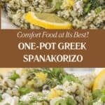 Two images of an easy spanakorizo recipe with spinach and lemon.