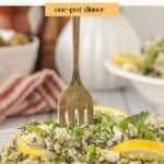 A traditional Greek rice dish with a fork in the rice with spinach and lemon.