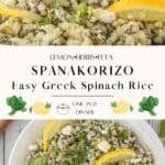 Two images of the authentic Greek Spanakorizo recipe made in one pot and served on white plates.