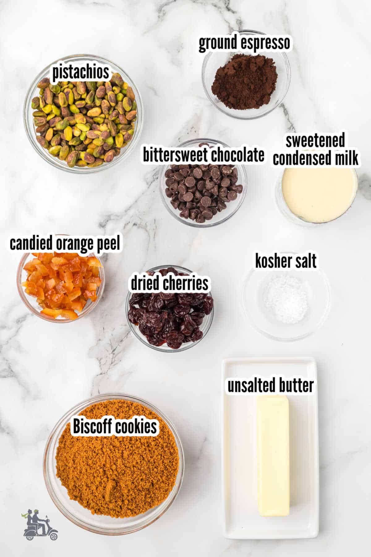 The ingredients needed to make the seven-layer bars with dried fruit. 