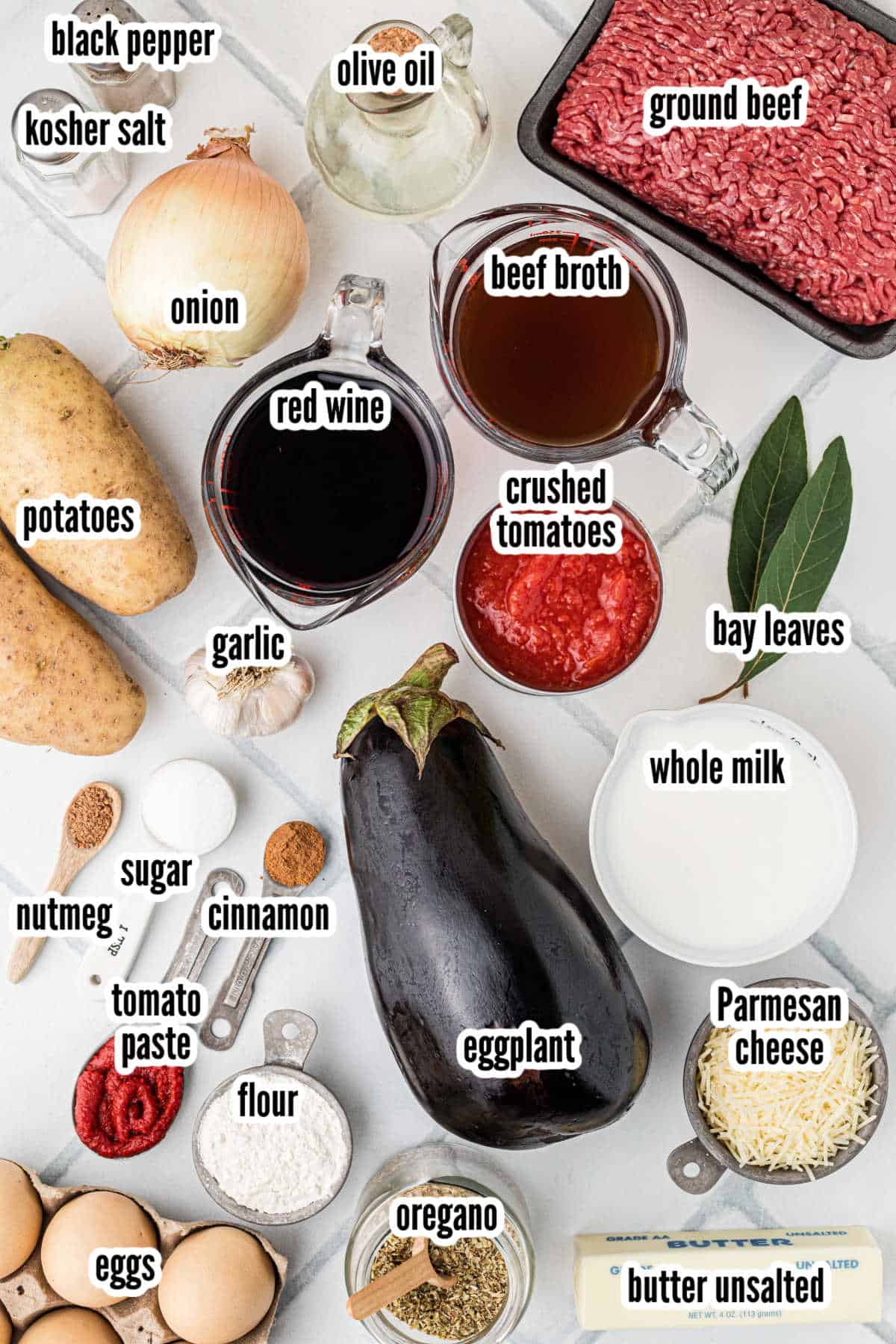 Image of the ingredients needed to make the Greek Moussaka recipe. 