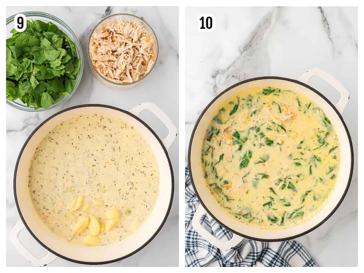 The third and final collage features the last two steps to making the cozy creamy chicken and gnocchi soup.