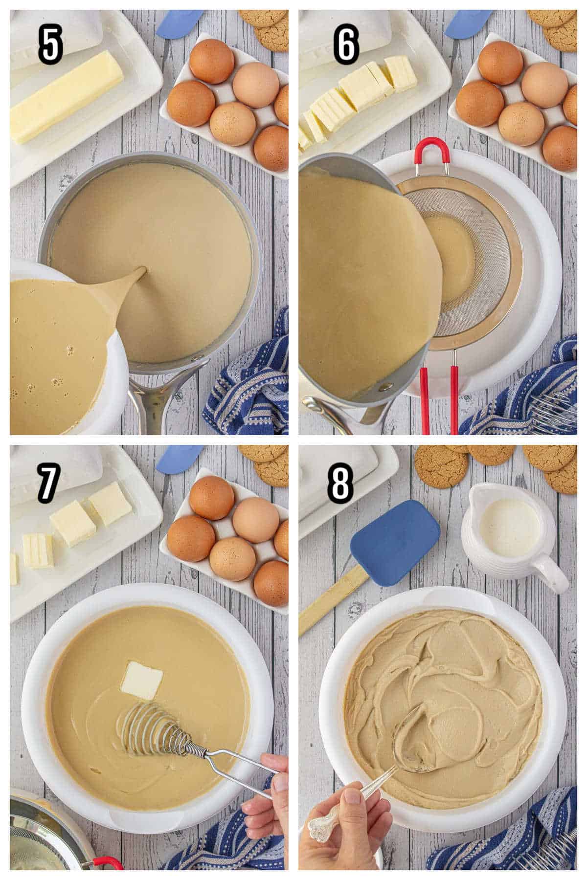 Second collage features steps five through eight for the butterscotch parfait dessert recipe.