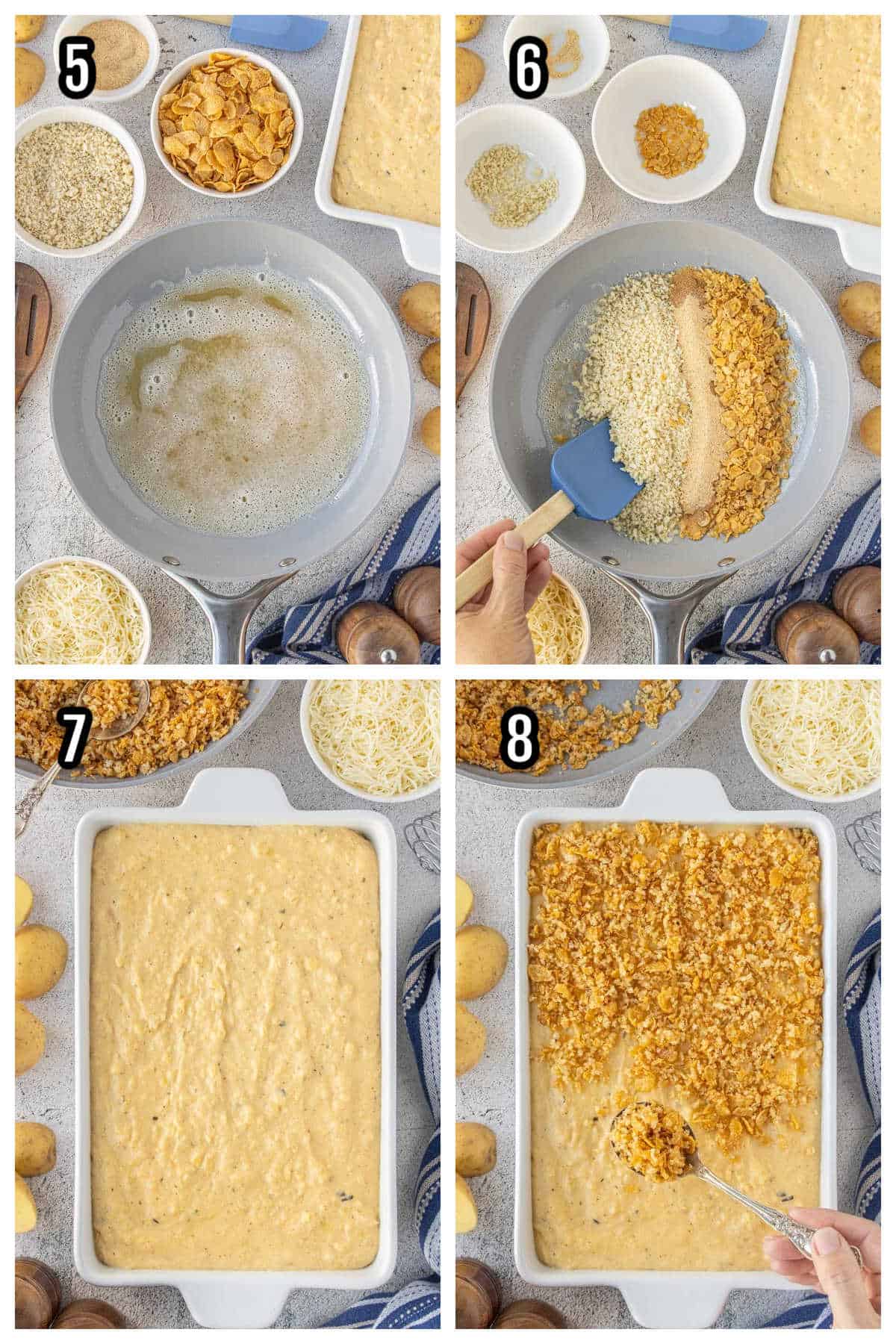 Steps five through eight to making the potato casserole with crunchy topping.