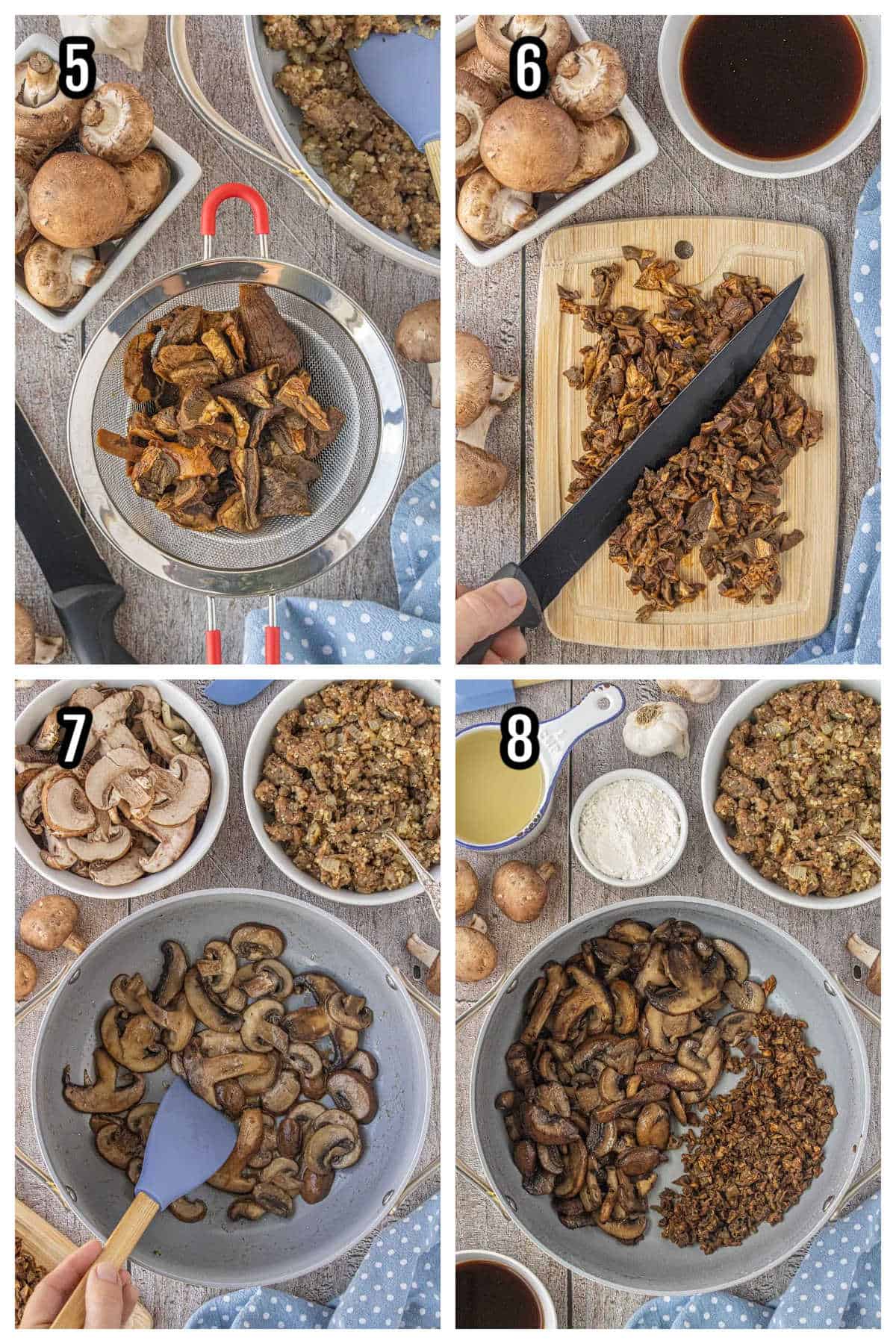 A collage with steps five through eight for the hearty mushroom soup with sausage.
