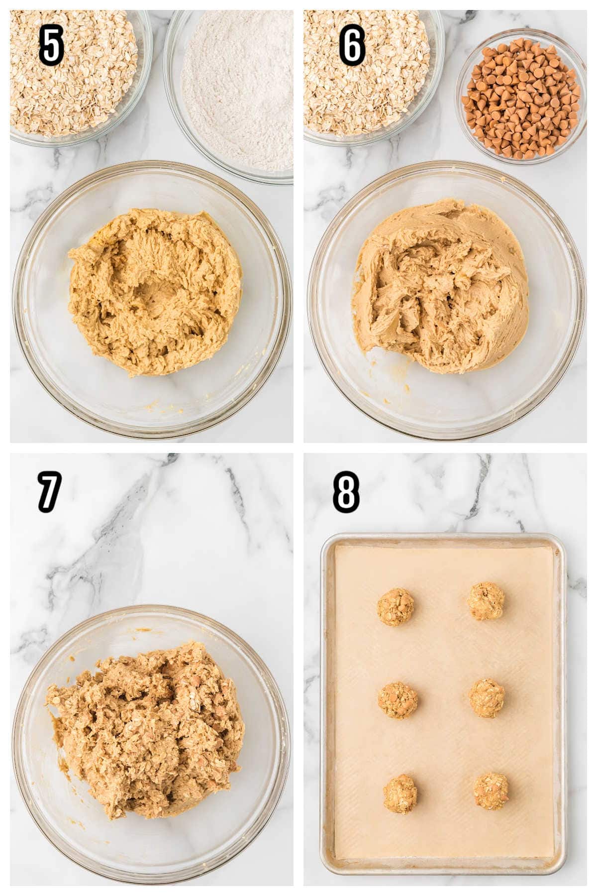 A collage features steps five through eight for the oatmeal cookie with butterscotch chip recipe. 