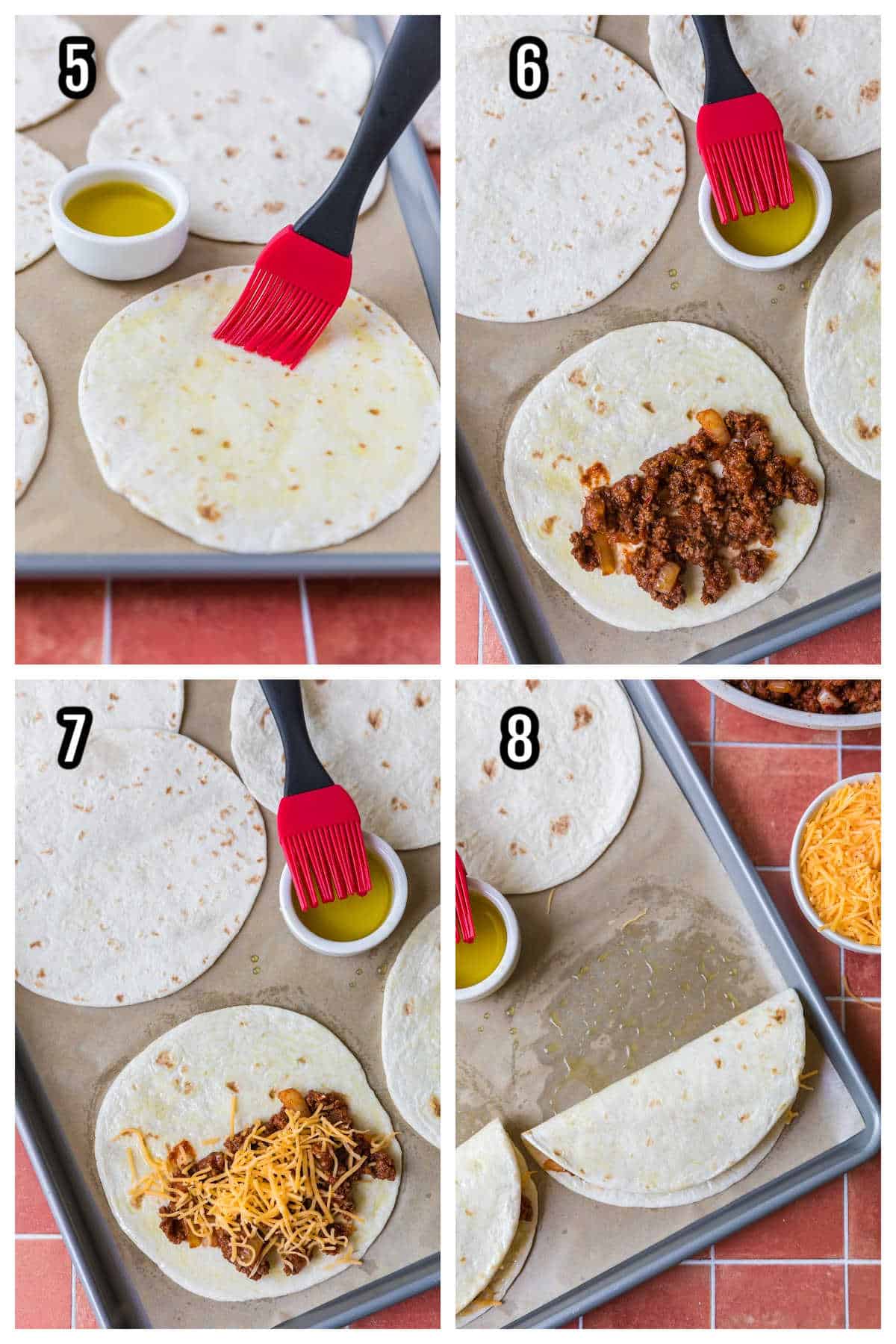 Collage featuring steps five through eight to the Taco recipe using beef and baked in the oven.